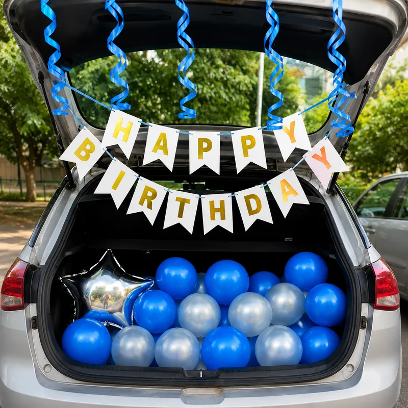 Car Boot Decoration with Balloons & Birthday Bunting