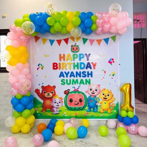 balloon decoration Cocomelon Birthday Setup