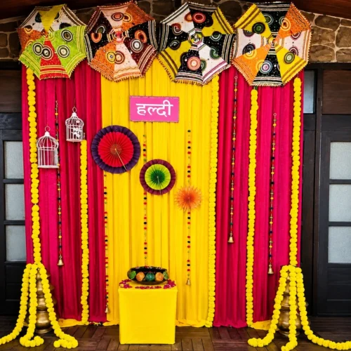 Indoor Haldi Decoration with Matkas & Backdrop